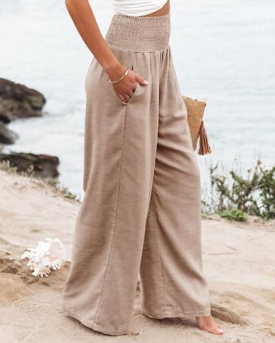 PrinStory Women's High-Waisted Summer Palazzo Pants Wide Leg Cotton Linen