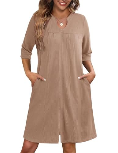 Ekouaer Women's 3/4 Sleeve Waffle Knit Zipper Bathrobe with Pockets S-3XL