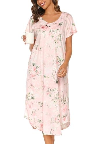 YOZLY Soft V-Neck Short Sleeve Nightgowns for Women with Pockets