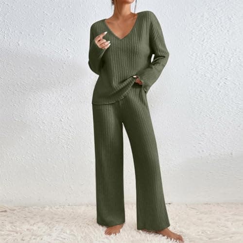 TIGENA Women's Ribbed Long Sleeve Sweater & Wide Leg Pants Lounge Set