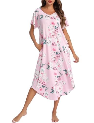 YOZLY Soft V-Neck Short Sleeve Nightgowns for Women with Pockets
