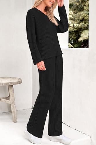 PRETTYGARDEN Women's Long Sleeve V Neck Top & Wide Leg Pants Spring Fall Outfits