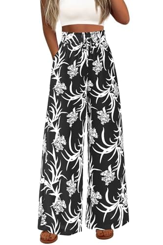 CFLONGE Wide Leg Floral Palazzo Pants for Women High Waist Flowy Boho Trousers with Pockets