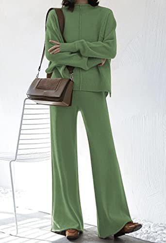 Fixmatti Women's Knit Sweatsuit with Turtleneck Top and Wide Leg Pants