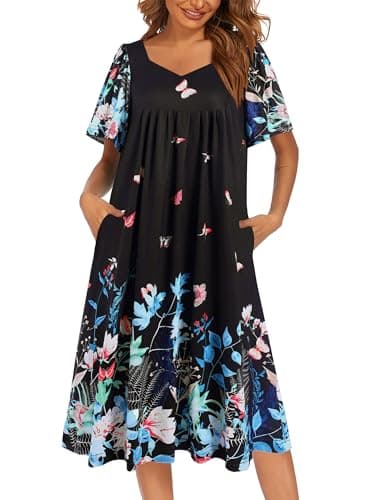 Ekouaer Women's Pleated Nightgown - Short Sleeves & Pockets