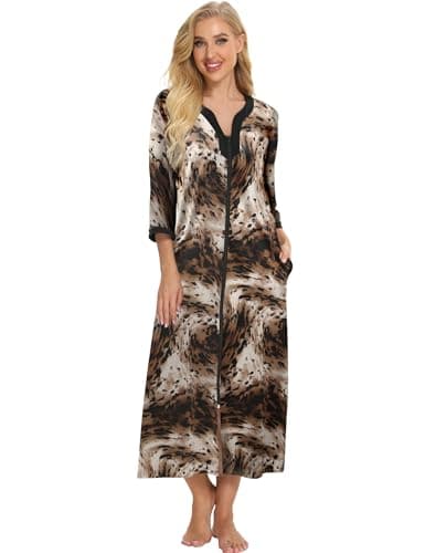 Bloggerlove Soft Cotton Zip Up Robes for Women Night Gown Long House Coat Half Sleeve Sleepwear