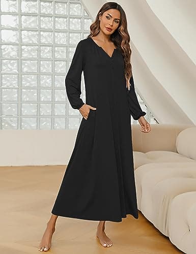 Marvmys Women's Cotton Long Sleeve Nightgown with Pockets