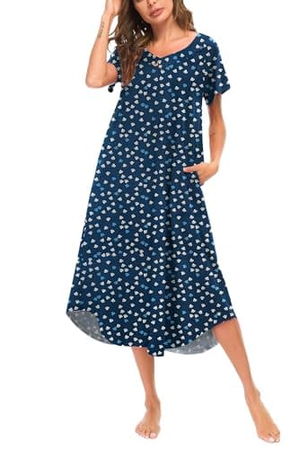 YOZLY Soft V-Neck Short Sleeve Nightgowns for Women with Pockets