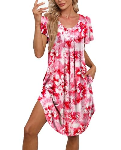 Bestshow Women's Pleated Front Loose Fit Short Sleeve Nightgown with Hand Pockets (S-5XL)