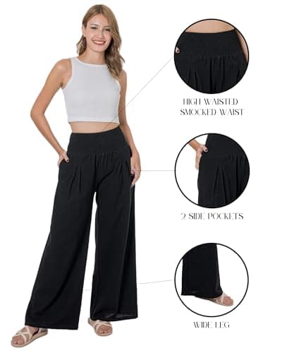 LOFBAZ Women's Summer High Waisted Boho Flowy Cotton Linen Palazzo Pants with Pockets