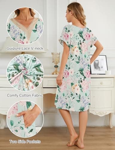 Women's Cotton Nightgown with Pockets and Lace V Neck for Bloggerlove