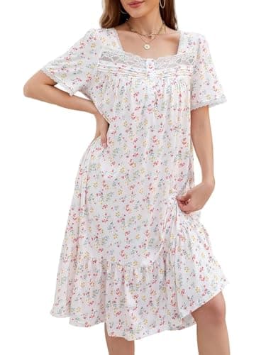 Cripom Women's Long Nightgowns with Lace Collar & Floral Print Pockets S-3XL