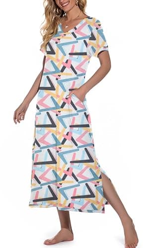 PrinStory Women's Soft V-Neck Long Nightgown with Pockets