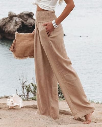GLIENST Women's High-Waisted Smocked Linen Palazzo Pants S-2XL