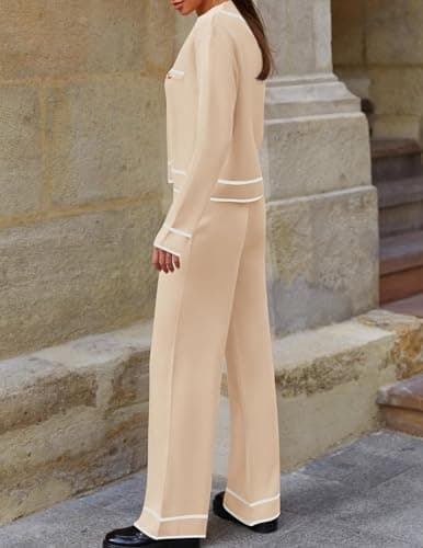 ZESICA Women's Fall Long Sleeve Knit Set V-Neck Sweater & Wide Leg Pants