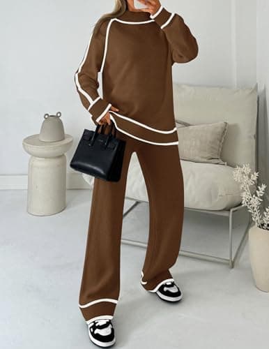 ZESICA Women's Long Sleeve Turtleneck Sweater Set with Wide Leg Pants