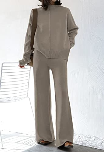 Meenew Women's High Neck Long Sleeve Knit Sweater & Wide Leg Pants Set
