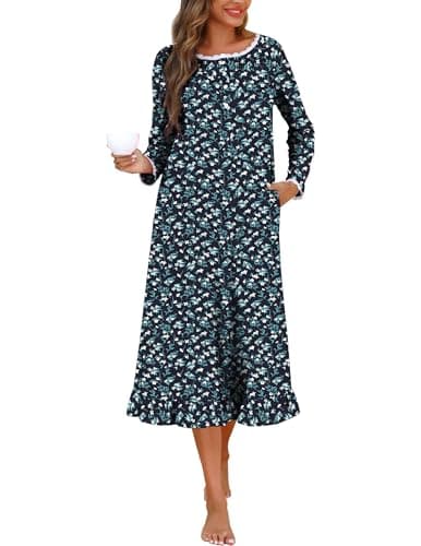 Marvmys Womens Long Sleeve Cotton Nightgown with Lace Trim and Pockets