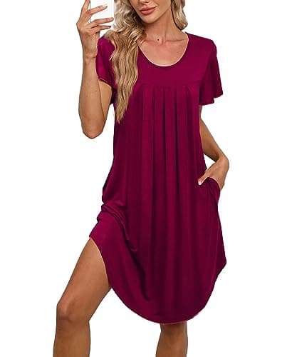 Bestshow Women's Pleated Front Loose Fit Short Sleeve Nightgown with Hand Pockets (S-5XL)