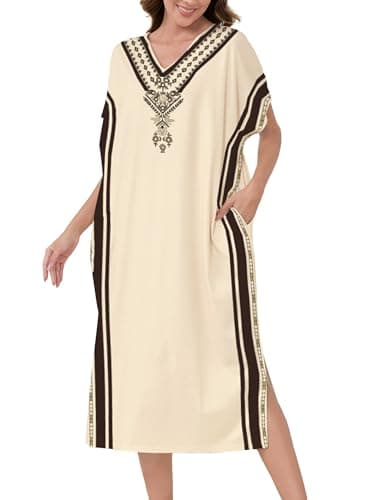 Moomoo Women's Short Sleeve V-Neck Batwing Nightgown with Pockets S-2XL