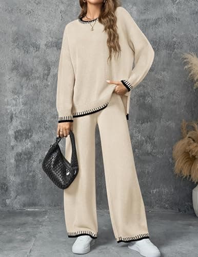 ZESICA Women's Casual Long Sleeve Sweater and Wide Leg Pants Set