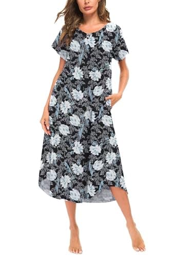 YOZLY Soft V-Neck Short Sleeve Nightgowns for Women with Pockets