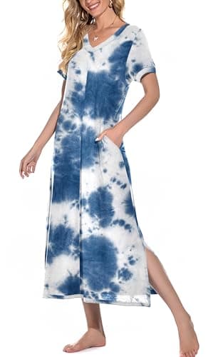 PrinStory Women's Soft V-Neck Long Nightgown with Pockets