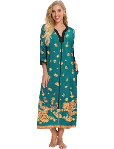 Bloggerlove Soft Cotton Zip Up Robes for Women Night Gown Long House Coat Half Sleeve Sleepwear