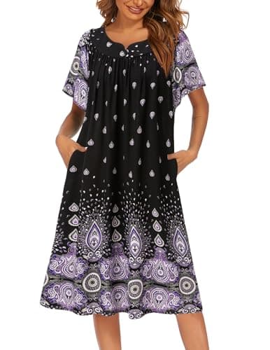 Ekouaer Womens Flower Print Nightgown Short Sleeve House Dress with Pockets