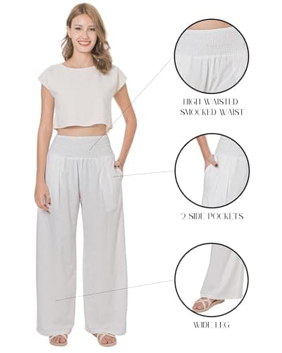 LOFBAZ Women's Summer High-Waisted Palazzo Pants Wide Leg Cotton Linen Bohoadow Pants with Pockets