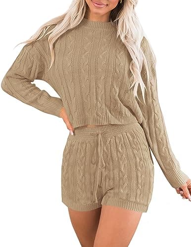 ZESICA Women's Casual Sweater Sets - Long Sleeve Cable Knit Tops and Drawstring Shorts