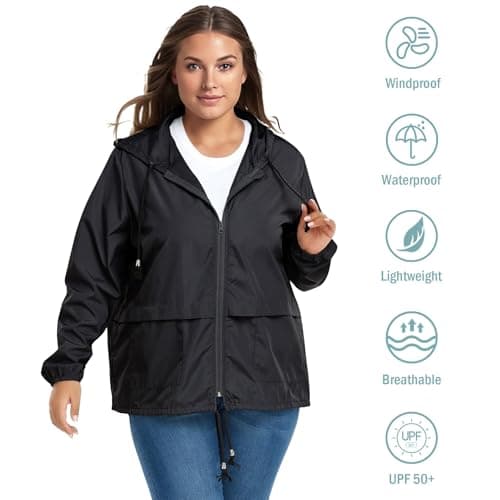 Zando Plus Size Women's Waterproof Hooded Raincoat Light & Packable
