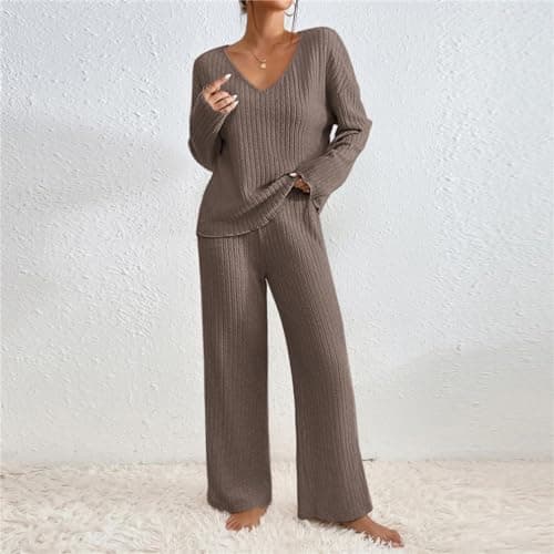 TIGENA Women's Ribbed Long Sleeve Sweater & Wide Leg Pants Lounge Set