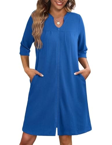 Ekouaer Women's 3/4 Sleeve Waffle Knit Zipper Bathrobe with Pockets S-3XL