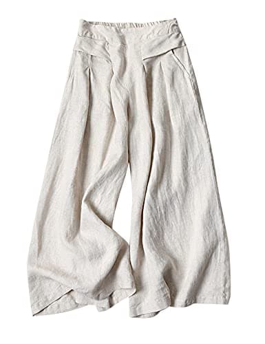 Gihuo Women's Wide Leg Linen Blend Culottes Pants with Pockets