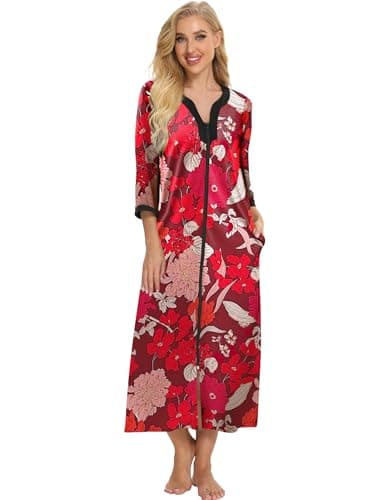 Bloggerlove Soft Cotton Zip Up Robes for Women Night Gown Long House Coat Half Sleeve Sleepwear