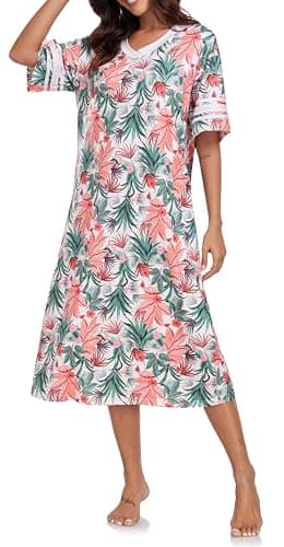 Vslarh Women's Soft V-Neck Knit Nightgown with Pockets S-XXL