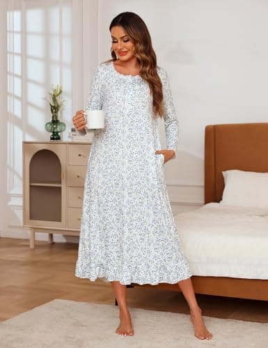 Marvmys Womens Long Sleeve Cotton Nightgown with Lace Trim and Pockets