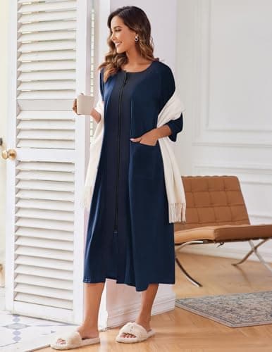 Ekouaer Women'sZipper 3/4 Sleeve Housecoat with Pockets