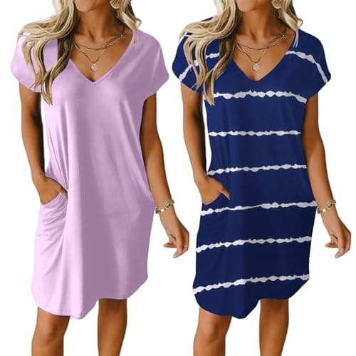 Ekouaer Womens V Neck Short Sleeve Nightgown with Pockets Plain/Floral
