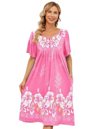 Womens House Dresses with Pockets - Moo Moo Nightgown Short Sleeve Mumu Dress Lounge Dress S-3XL