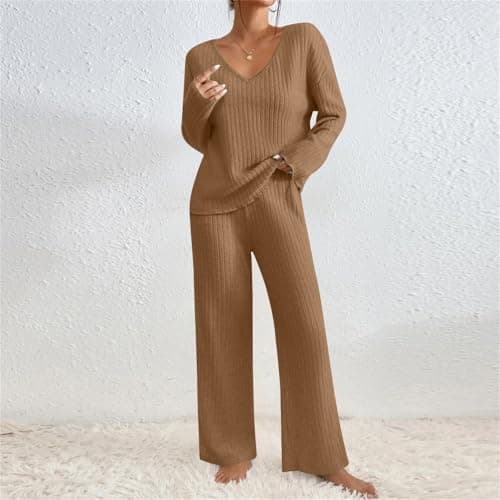 TIGENA Women's Ribbed Long Sleeve Sweater & Wide Leg Pants Lounge Set
