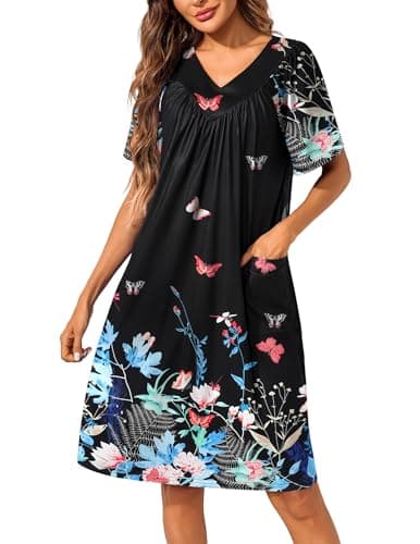Ekouaer Womens Floral Print Pocket Nightgown Mumu Dress