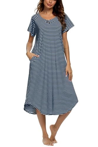 YOZLY Soft V-Neck Short Sleeve Nightgowns for Women with Pockets