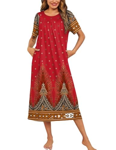 Ekouaer Women's Pleated House Dress with Pockets S-XXXL