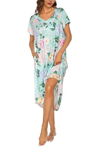 YOZLY Soft V-Neck Short Sleeve Nightgowns for Women with Pockets