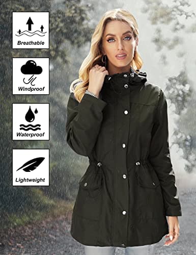 Women's Waterproof Lightweight Rain Jacket with Hood in Army Green