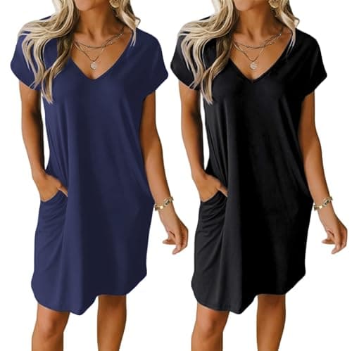 Ekouaer Womens V Neck Short Sleeve Nightgown with Pockets Plain/Floral