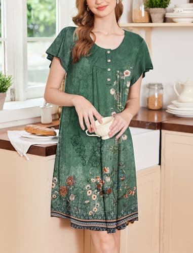 Ekouaer Women's Short Sleeve Nightgown with Pockets Floral Print