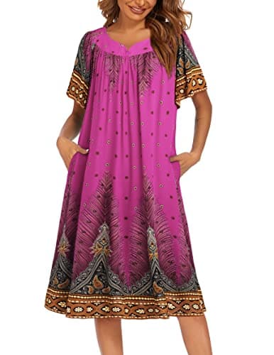 Ekouaer Womens Flower Print Nightgown Short Sleeve House Dress with Pockets
